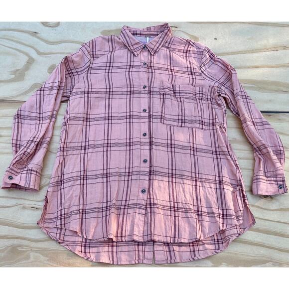 Free‎ People Women's Long Sleeve Size S, Button - Up Checkered Peach Combo NWT - Picture 1 of 6
